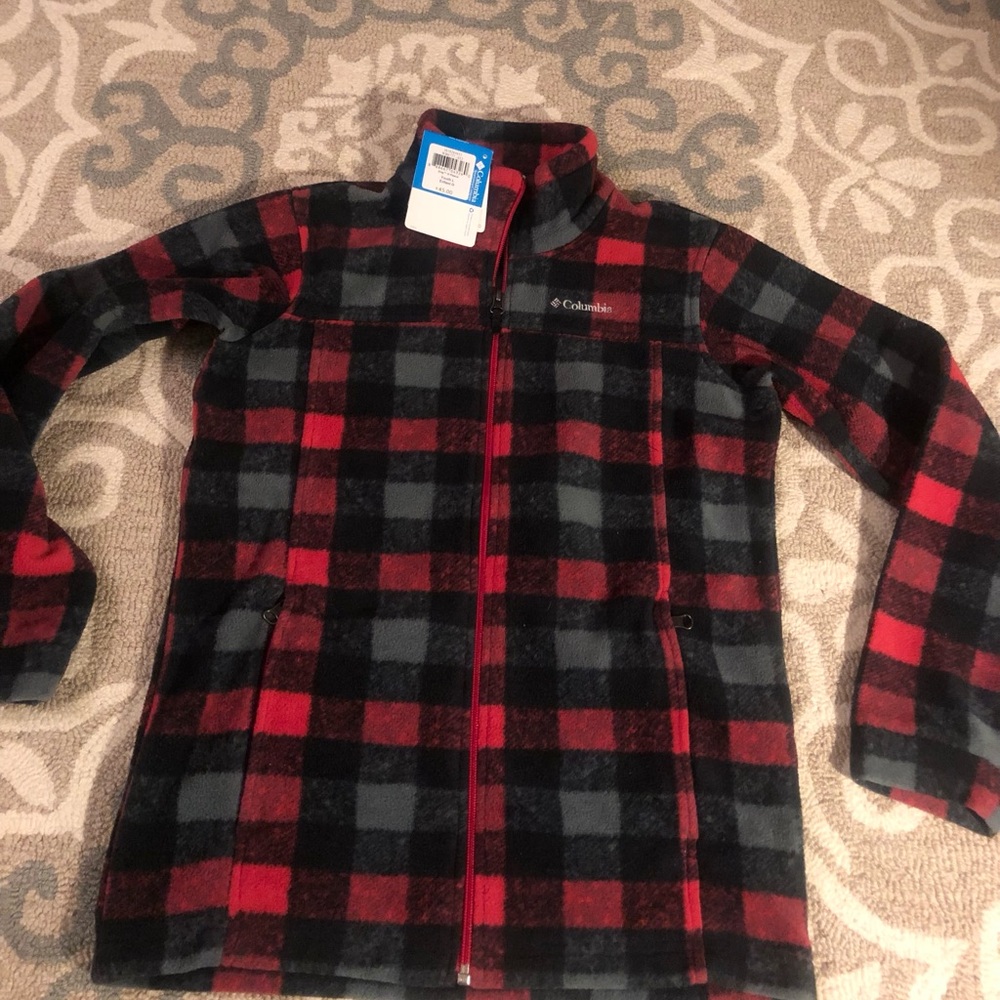 Columbia Kids Red and Black Plaid Fleece Jacket